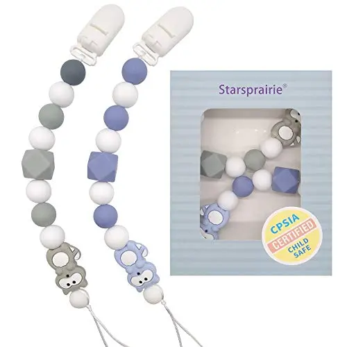 Pacifier Clip Baby Teething Toys BPA Free Silicone Beads Binky Teether Holder for Boy Girl, Boy, Soothie,Mam, Shower Gift Raccoon (Blue + Grey)
