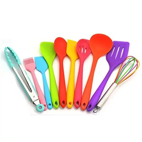 JunbosiKitchenware Color Silicone Kitchen Utensils Set of 10 Environmentally Friendly Cooking Shovel Spoon Tool Non-Stick Silicone Kitchenware Set