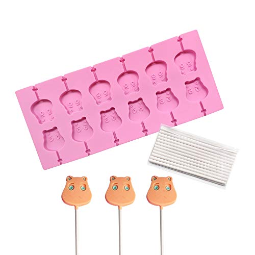 AK ART KITCHENWARE Cat Lollipop Molds 12-Capacity Chocolate Hard Candy Silicone Mold With 25Pcs/Pack Lolly Sticks