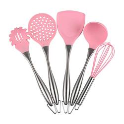 5Pcs/Set Pink/Black Stainless Steel Handle Silicone Cooking Tool Sets Egg Beater Spoon Spatula Kitchenware Kitchen Utensils Sets