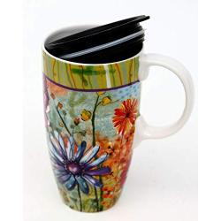 Cypress Home Ceramic Travel Mug with Gift Box, 17 ounces (Blooming Flowers)