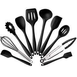 Cooking Utensils Set - 10 Piece Silicone Kitchen Spatula Set - Black Professional Cooking Utensils - Nonstick Silicone and Heat Resistant Kitchenware