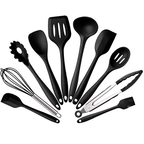 Cooking Utensils Set - 10 Piece Silicone Kitchen Spatula Set - Black Professional Cooking Utensils - Nonstick Silicone and Heat Resistant Kitchenware