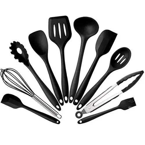 Cooking Utensils Set - 10 Piece Silicone Kitchen Spatula Set - Black Professional Cooking Utensils - Nonstick Silicone and Heat Resistant Kitchenware