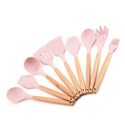 Kitchen Silicone Kitchenware 9 Pieces, Silicone Kitchen Set, Silicone and Wooden Handle - Home Anti-Scalding High Temperature Pot Bowl Set, 9-piece set