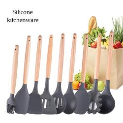 Cookware Set Food Grade Silicone Elm Handle Set Silicone Kitchenware 9 Piece High Temperature Cooking Tools, Kitchenware