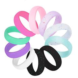 COOLOO 10 Pack Silicone Wedding Ring for Women, Premium Medical Grade Wedding Bands Thin and Stackable Durable Comfortable Rubber Rings, Black White Pink Silver