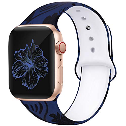 Kaome Floral Bands Compatible with Apple Watch 38mm 40mm 42mm 44mm, Soft Silicone Fadeless Pattern Printed Replacement Strap Bands for Women, Compatible with iWatch Series 5/4/3/2/1, S/M M/L