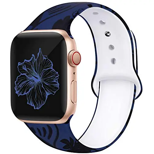 Kaome Floral Bands Compatible with Apple Watch 38mm 40mm 42mm 44mm, Soft Silicone Fadeless Pattern Printed Replacement Strap Bands for Women, Compatible with iWatch Series 5/4/3/2/1, S/M M/L