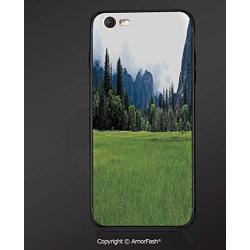 Printing Compatible with Apple iPhone 6/iPhone 6S,4.7",Anti-Scratch Back,Yosemite,Lushgreen Meadow in Yosemite Valley with Trees Forest Mountain Cloudy Day Photo,Green Grey