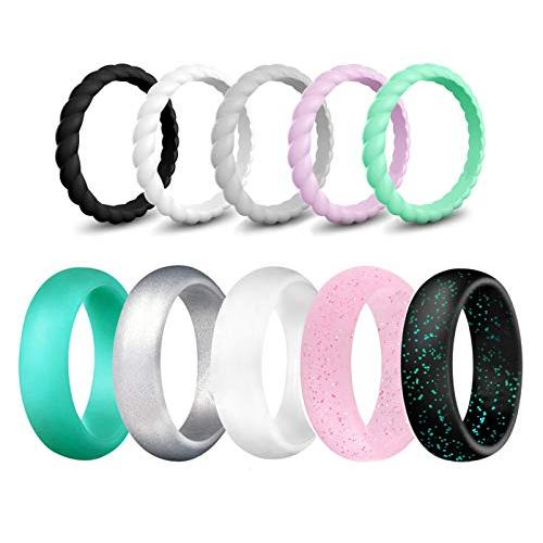 SkullParty Silicone Wedding Ring Bands for Women 10 Pack Size 5 6 7 8 9 Womens Thin Stackable & Flash Powder Rubber Wedding Band Rings 5.7mm & 3mm Wide - Pink Black Teal Metallic White Grey Mint Green