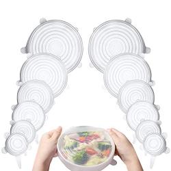 [12 Pcs] - Clear Silicone Stretch Lids, Durable Reusable Food Covers Fit all Shapes Sizes of Containers or Bowls, Keeps Food Fresh With an Airtight Seal, Dishwasher Freezer Safe, Multiple Sizes