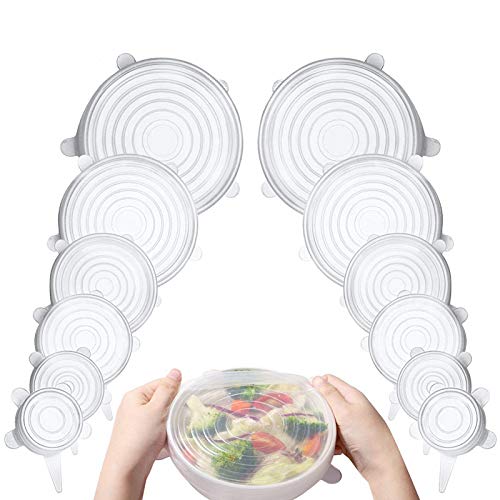 [12 Pcs] - Clear Silicone Stretch Lids, Durable Reusable Food Covers Fit all Shapes Sizes of Containers or Bowls, Keeps Food Fresh With an Airtight Seal, Dishwasher Freezer Safe, Multiple Sizes