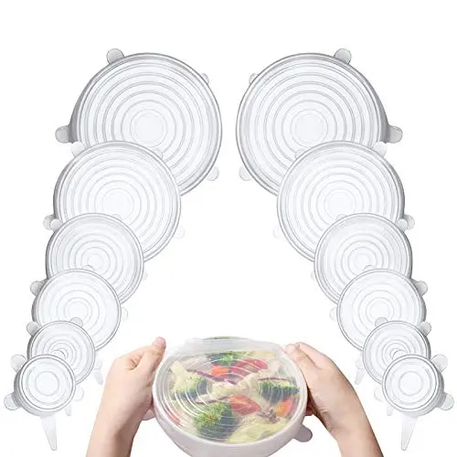 [12 Pcs] - Clear Silicone Stretch Lids, Durable Reusable Food Covers Fit all Shapes Sizes of Containers or Bowls, Keeps Food Fresh With an Airtight Seal, Dishwasher Freezer Safe, Multiple Sizes