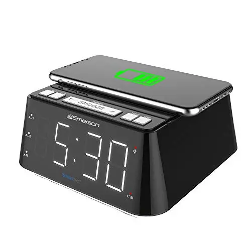 Emerson Radio ER100104 Wireless Charging Alarm Clock with Temperature Detector, Night Light, USB Charging and 1.2” White LED Display