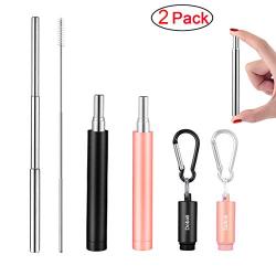 2 Pack Reusable Metal Straws Collapsible Stainless Steel Drinking Straw Portable Telescopic Straw with Case Black/Rose Gold