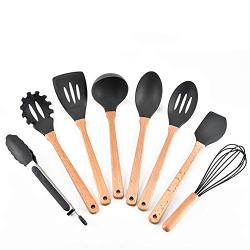 Silicone kitchenware set of 8 wooden handles cooking tools non-stick cookware set including Turner spaghetti server skimmer service spoon ladle food pliers egg beater