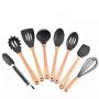 Silicone kitchenware set of 8 wooden handles cooking tools non-stick cookware set including Turner spaghetti server skimmer service spoon ladle food pliers egg beater