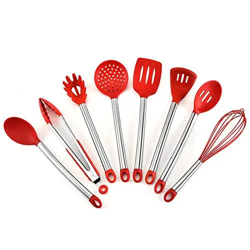 SKYyao Kitchen utensil set Stainless steel pipe handle Silicone kitchenware 8 piece set cooking spoon shovel kitchenware set silicone