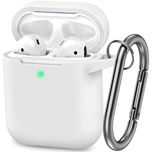 AirPods Case, Silicone Cover with U Shape Carabiner,360°Protective,Dust-Proof,Super Skin Silicone Compatible with Apple AirPods 1st/2nd (White)