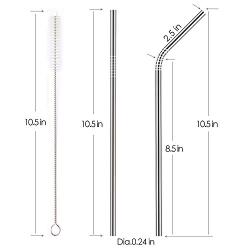 YIHONG Set of 8 Reusable Stainless Steel Metal Straws- Ultra Long 10.5 Inch- Regular Size 6 mm Wide - 30oz Tumblers Compatible - 4 Straight+ 4 Bent+ 2 Brushes+ 1 Pouch