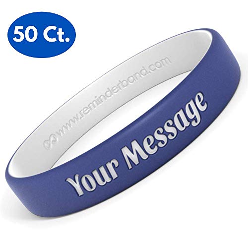 Reminderband 50 Custom Luxe Silicone Wristbands - Personalized Customizable Silicone Rubber Bracelets - Customized for Motivation, Events, Gifts, Support, Fundraisers, Awareness - Men, Women, Kids