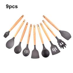 Silicone Cooking Utensils, 9pcs Nonstick Kitchenware with Wooden Handle for Home Restaurant Hotel Grey