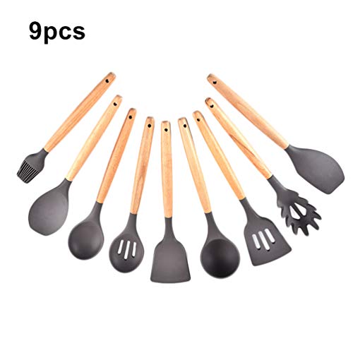 Silicone Cooking Utensils, 9pcs Nonstick Kitchenware with Wooden Handle for Home Restaurant Hotel Grey
