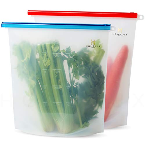 Homelux Theory Reusable Silicone Food Storage Bags | Sandwich, Sous Vide, Liquid, Snack, Lunch, Fruit, Freezer Airtight Seal | BEST for preserving and cooking | (2 Extra Large)