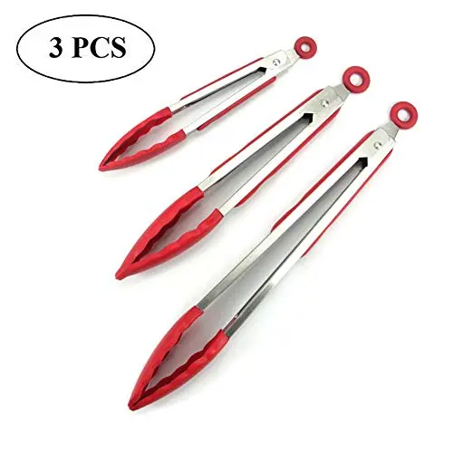 FOOX Kitchen Premium Silicone Tongs, Multipurpose Non-Slip Easy Grip Stainless Steel Handle, Heat Resistant, for Cooking, Serving, Barbecue, Buffet, Salad,Ice (7/9/12 inch)