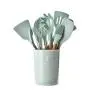 elegantstunning 11Pcs/Set Light Green Color Silicone Kitchenware Set with Wooden Handle 12.5x12.5x33.5cm