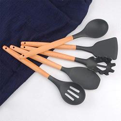 Silicone Kitchenware Set, Wooden Handle Kitchen Set 9 Pieces Natural Acacia Wood Kitchen Tool Set Food Clip Scraper Shovel Spoon Colander, pink