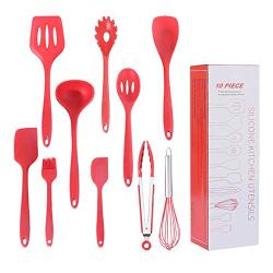 Jdeepued Silicone kitchenware 10 Pieces Silicone Cooking Utensils Kitchen Utensil Set Cooking Tools for Nonstick Cookware Includes Tongs Turner Whisk and More Black Red Silicone Kitchen Utensils