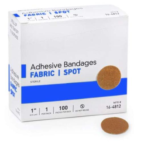 Round Spot Flexible Fabric Adhesive Bandages, 1” Diameter, with Absorbent Non-Stick Pad for Wound Care, and First Aid. Tan Color, 100 Count.