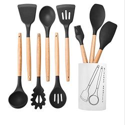 Silicone Kitchenware, 10 Sets Of Kitchen Gadgets Cooking Set With Storage Bucket Wooden Handle Silicone Kitchenware Set,Black