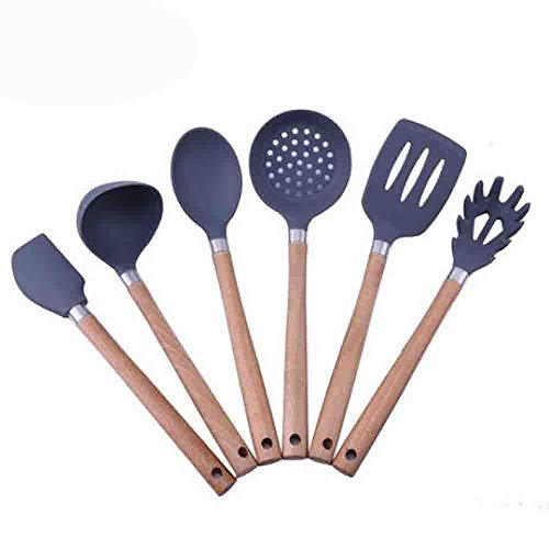 Hjyi Silicone Kitchen Cooking kitchenware resistant to high temperature non-stick pot wooden handle silicone cooking spoon shovel (6-piece set)