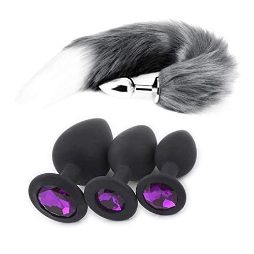 Aookty 37-3pcs Silicone Anale Co/.splay Toy Super Long Fox Tail Back Court Metal Fox Tail Plug Back Wand Massage for Women&Male (Purple&Gray)