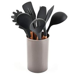 Silicone Kitchenware 9 Pieces of Gray Silicone and Wooden Kitchen Utensils Set Including Kitchen Bucket, Kitchenware