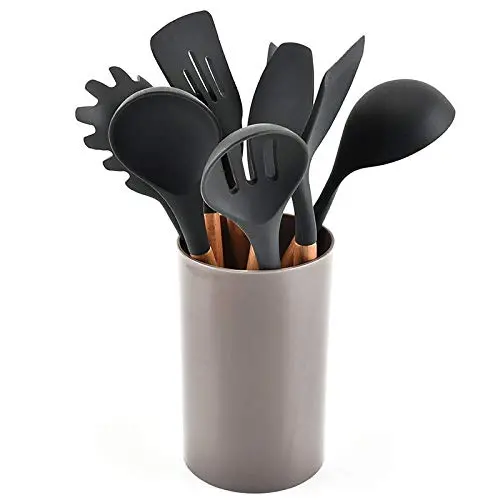 Silicone Kitchenware 9 Pieces of Gray Silicone and Wooden Kitchen Utensils Set Including Kitchen Bucket, Kitchenware