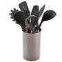 Silicone Kitchenware 9 Pieces of Gray Silicone and Wooden Kitchen Utensils Set Including Kitchen Bucket, Kitchenware