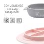 Kcuina 6 Piece Baby Feeding Set- Includes 2 Silicone Bibs, 1 Strong Suction Divided Plate, 1 Strong Suction Bowl & 2 Soft Spoon Set- Food Grade & FDA Approved Silicone (Pink/Gray)?