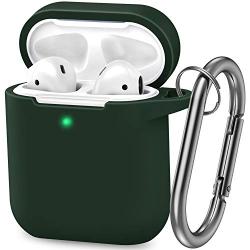 AirPods Case, Silicone Cover with U Shape Carabiner,360°Protective,Dust-Proof,Super Skin Silicone Compatible with Apple AirPods 1st/2nd (Dark Green)