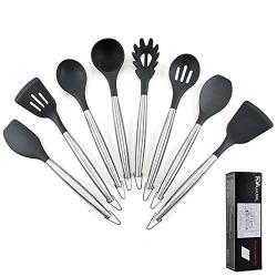 Jdeepued Silicone kitchenware 8 Piece Silicone Kitchen Utensil Set with Stainless Steel Handle Silicone Kitchen Utensils Set Kitchen Tools and Gadgets Black Silicone Kitchen Utensils