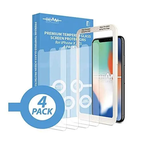 Beam Electronics Screen Protector for iPhone X,XS,11 Pro (4 Pack) Tempered Glass Screen Protector with Advanced Clarity [3D Touch] Works w/Most Cases 99% Touch Accurate-4 Replacement Screen Protectors