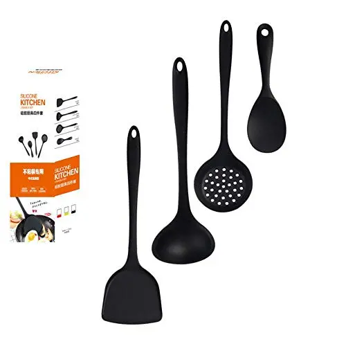 Kitchen Silicone Kitchenware Set of 4, Cooking Silicone Appliance Set, Non-Stick Heat-Resistant Silicone Silicone Spoon Shovel Kitchen Supplies Kitchen Set, black