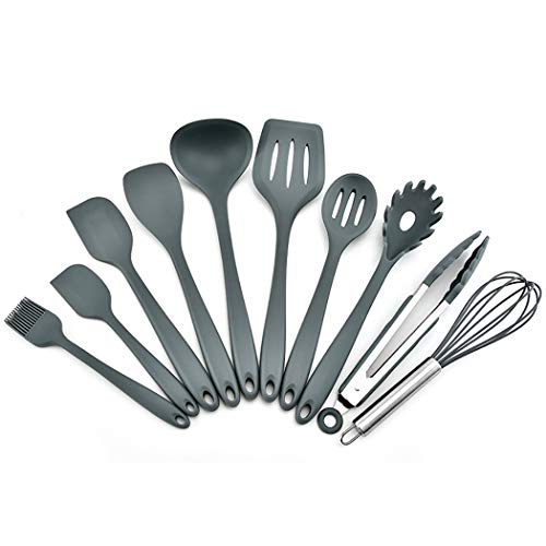 JunbosiKitchenware Silicone Kitchenware Set Kitchenware Anti-Scalding High Temperature Non-Stick Spatula Colander 10 Piece Set,Gray