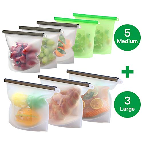 8 Pack Reusable Silicone Food Storage Bag ( 5 Medium & 3 Large) for Sandwich/Sous Vide/Snack/Lunch/Fruit, Leakproof, Dishwasher Safe, Microwave Freezer, Maintain Freshness and Food Quality