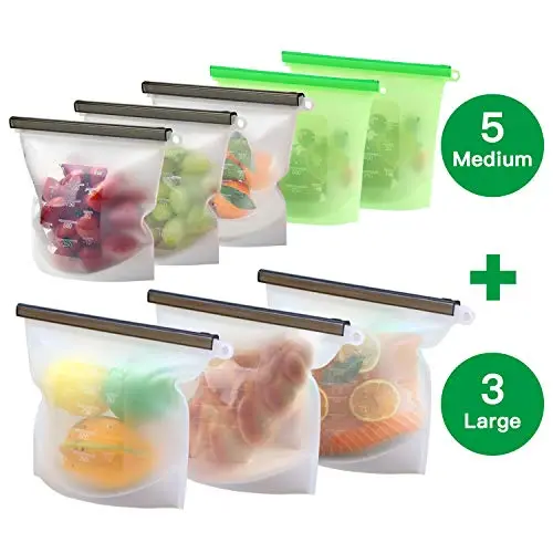 8 Pack Reusable Silicone Food Storage Bag ( 5 Medium & 3 Large) for Sandwich/Sous Vide/Snack/Lunch/Fruit, Leakproof, Dishwasher Safe, Microwave Freezer, Maintain Freshness and Food Quality