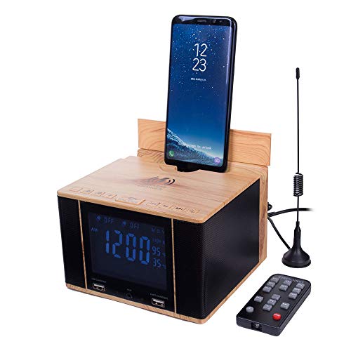 SonicCharge Bluetooth Speaker Alarm Clock and Universal Phone Docking Station - Wireless Charger, 2 USB Ports, AUX, and Full Display with Date, Time, Temperature