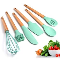 Fullyday Silicone Kitchenware Set of 6, Green Heat Resistant Cooking Utensils Set, Ideal Wooden Handle Household Kitrchen Cookin